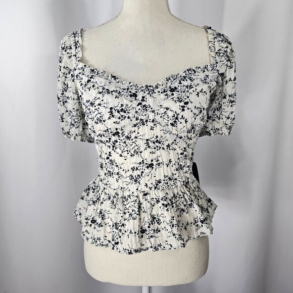 Lulus Women's Black & White Floral Print Puff Sleeve Smocked Blouse Size L NWT - Picture 2 of 13